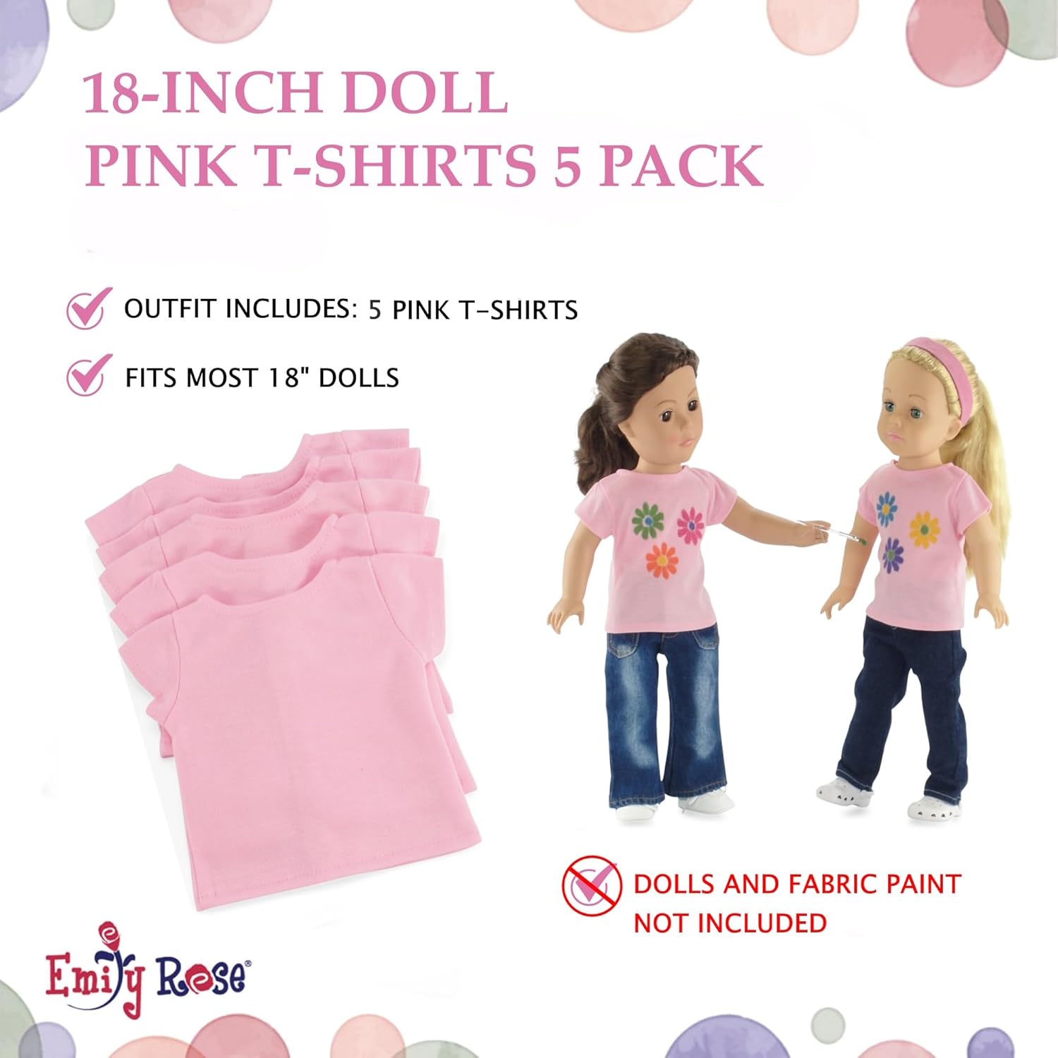 Emily Rose 5-Pack Pink 18 Inch Doll T-Shirts Gift Boxed | USA Brand – Fits American Girl & Our Generation Dolls – for DIY Crafts, Tie Dye Sublimation & More, Custom Doll Clothes, Birthday Favors