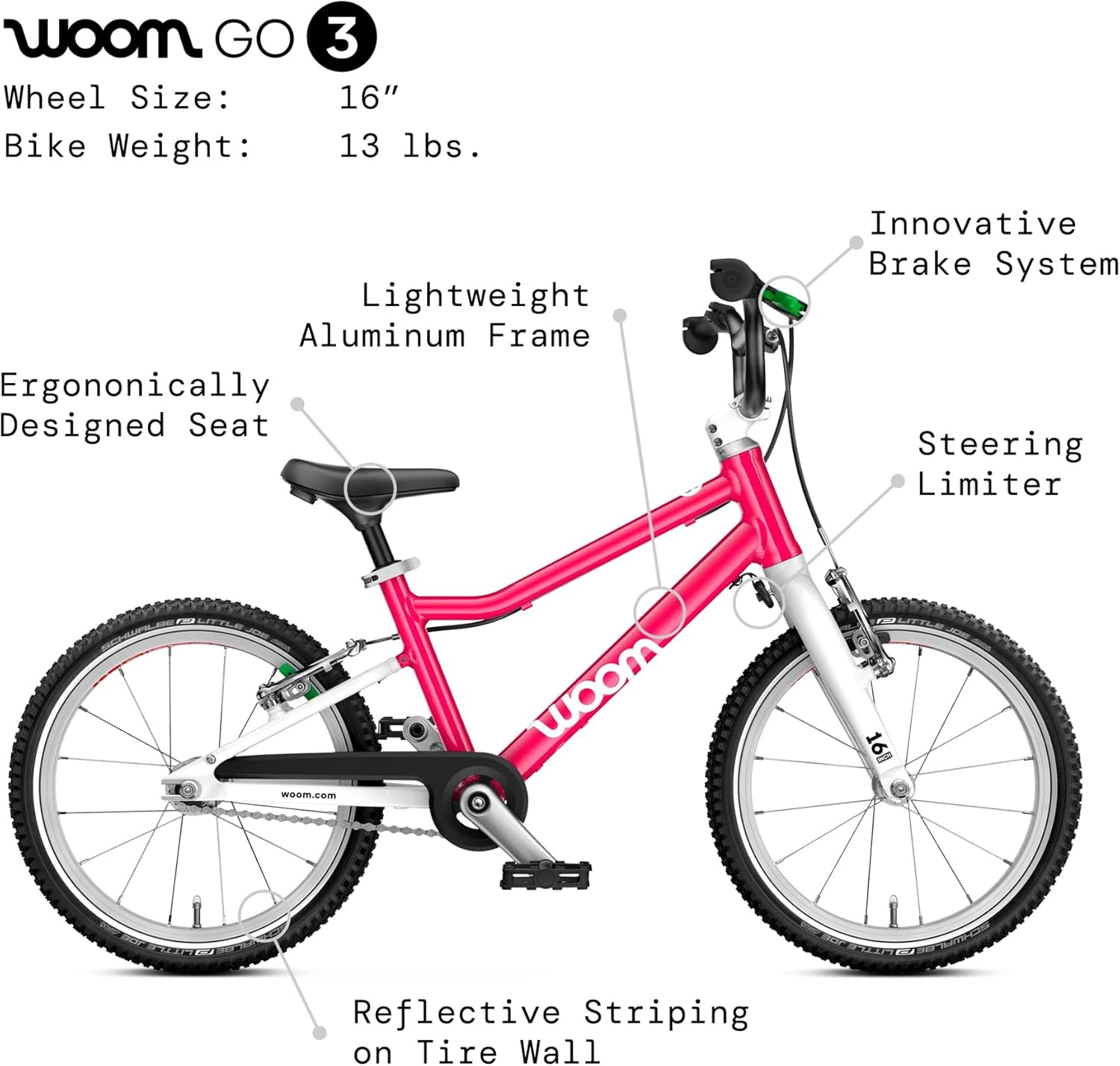 woom GO 3 / GO 3 AUTOMAGIC Kids’ Bike, 16-Inch Lightweight Bicycle for Ages 4–6, Handbrakes, Steering Limiter, Chainguard, Boys & Girls