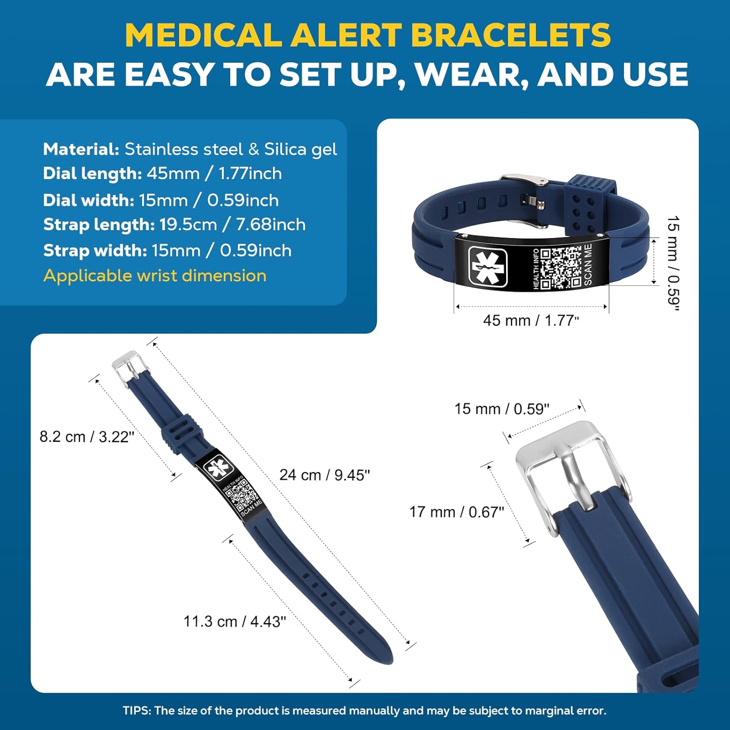 Medical Bracelets for Men Women with QR Code Medical Alert ID Bracelets for Sport Travel - Silicone Waterproof Wristband Fits Wrists Up to 8 inches - More Space Custom Emergency Medic ID Alert Information - Image 3