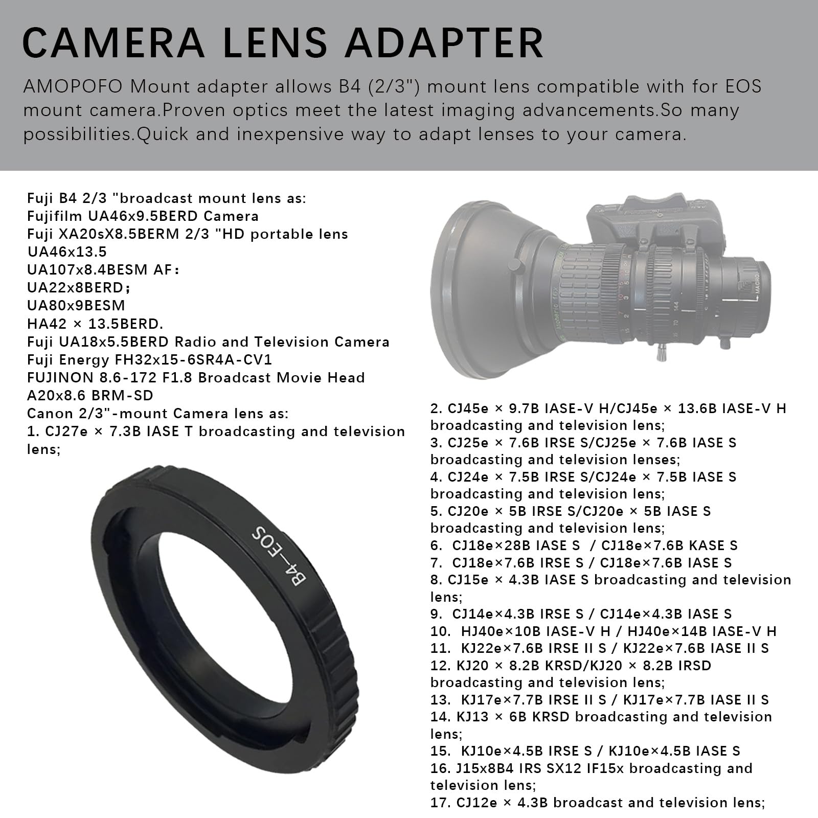 B4-EF - Anillo adaptador de objetivo para B4 2/3 pulgadas, compatible con cámara EF EF-S 1D,1ds,5D,10D,20D,30D,40D,50D,60D,Rebel xt,xs,T2i,T3,400D,B4 to EF Lens Adapter