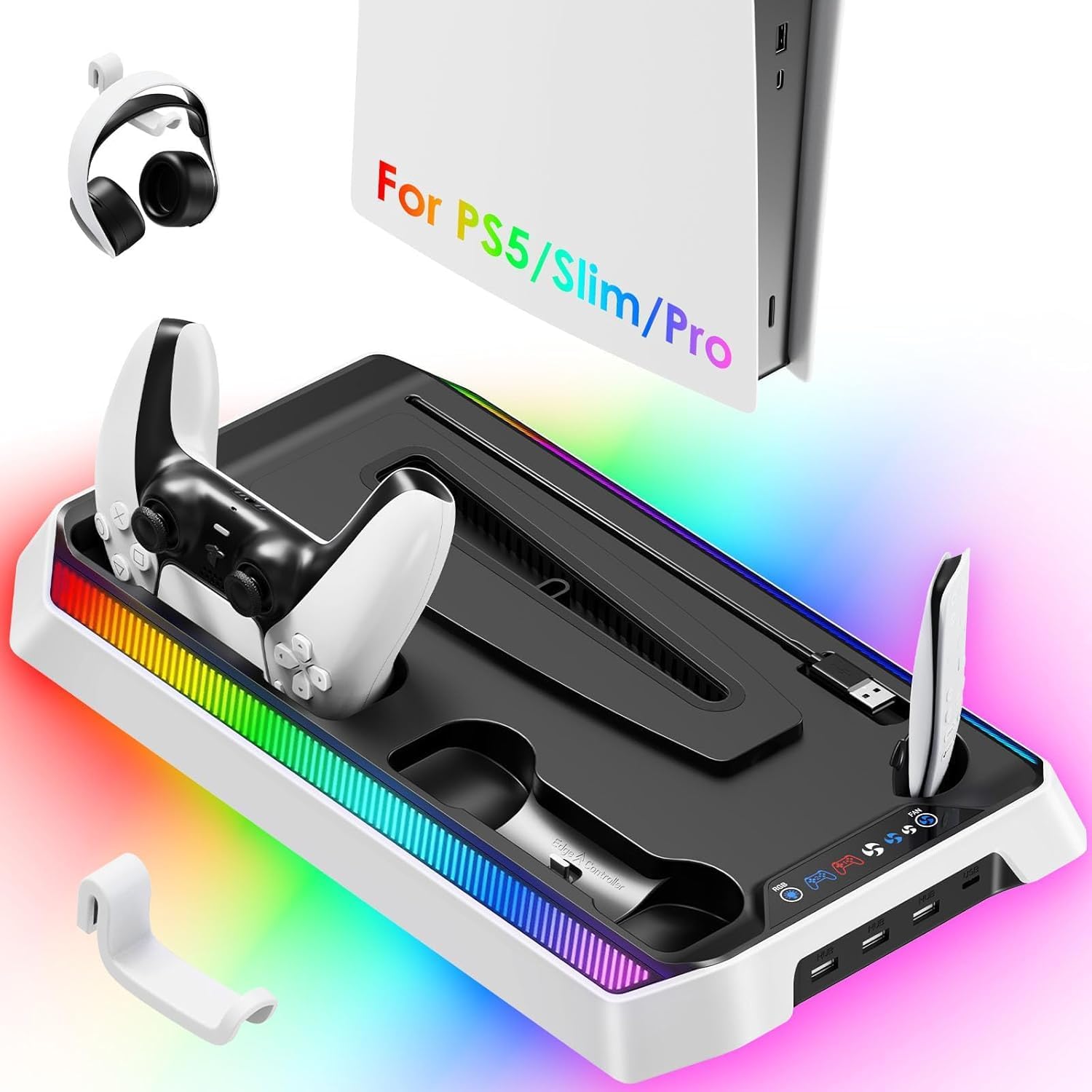 PS5 Cooling Station for PS5/Slim/Pro Disc Digital Console, PS5 Stand Cooling Fan Station with RGB Lights & 3 Level Fan, PS5-Controller Charger, PS5-Accessories with 3 USB Ports, Headset Holder