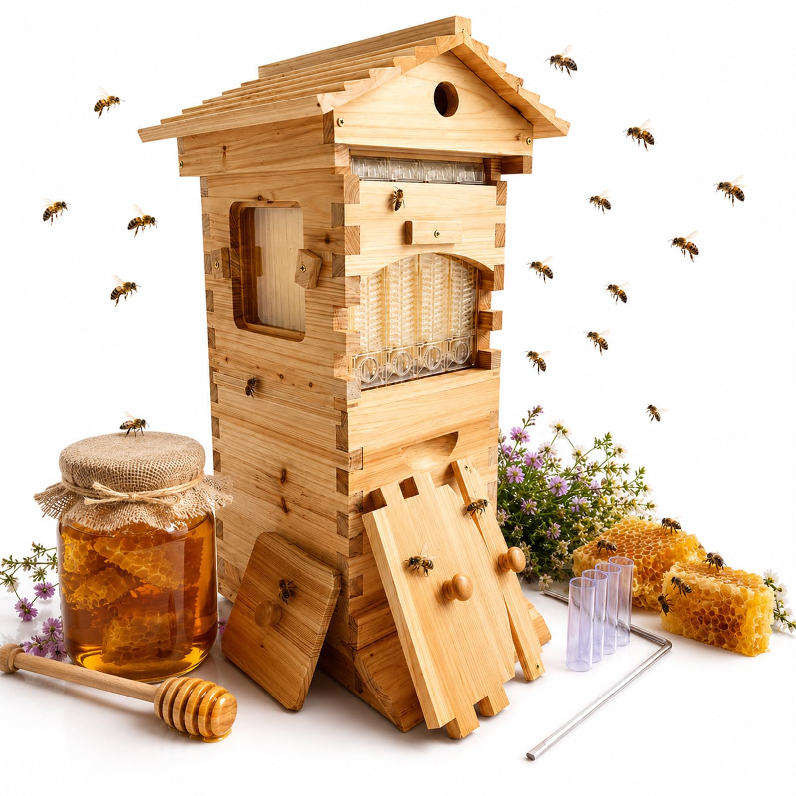 Kit de Inicio de Colmena & Flow Hive, Caja de Abejas de Madera Completa con 4 Cuadros Flow, Ventana de Observación, Grifo de Miel, para Principiantes y Apicultura de Patio