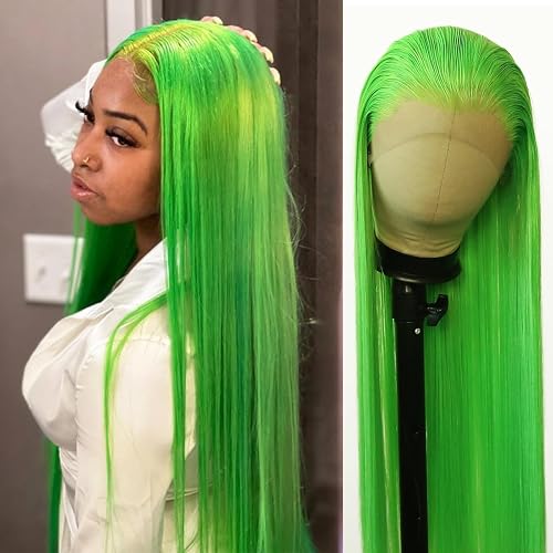 BTWTRY Lime Green Wig Long Straight Lemon Green Synthetic Lace Front Wigs Pre Plucked Natural Hairline for Black Women Heat Resistant Fiber Hair Cosplay Daily Wear Wig (Lime Green) - Lime Green