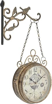Vintage Double Sided Wall Clock, 17.7" Bronze Iron Silent Non-Ticking Clock with Glass Dial, Decorative Hanging Wall Clock for Living Room Bedroom Office Cafe