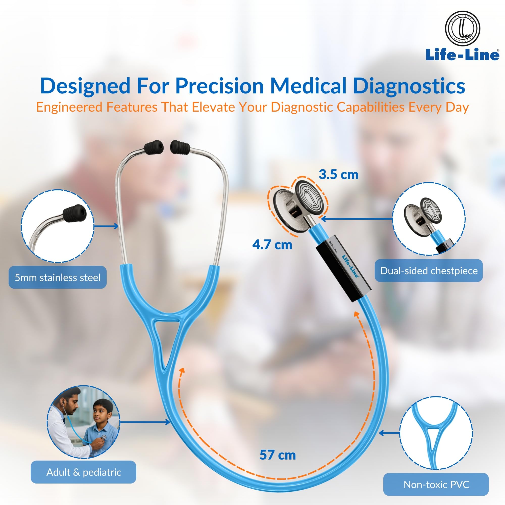 LIFE LINE L1 Steel Stethoscope (Light Blue) | Dual Side Diaphragm Chest Piece for Adult and Paediatric | 2-way Tube | Suitable for Doctors 3