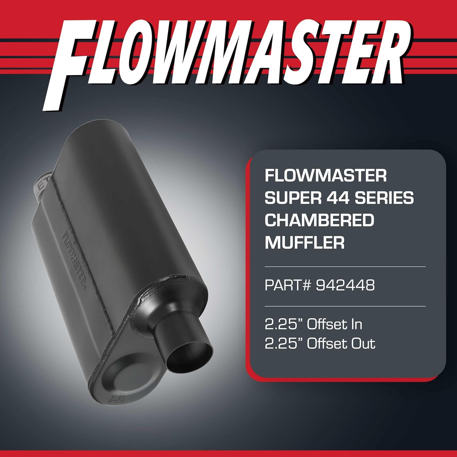 Flowmaster Super 44 Series Chambered Muffler – 2.25” - Offset In/Offset Out – Aggressive Sound – 16 Gauge Aluminized Steel – For Classic & Late Muscle Cars, Street Rods, Trucks, SUVs (942448)