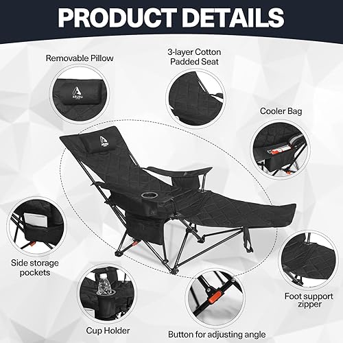 Miniatura 5 de Silla de camping reclinable 2 en 1, silla de playa plegable portátil con reposapiés y respaldo ajustable, cómoda silla de césped para adultos