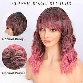 Nnzes Pink Wig with Bangs for Women Short Bob Wavy Charming Synthetic Wigs with Natural Shoulder Length Curly Heat Resistant Fiber Hair for Daily Party Use
