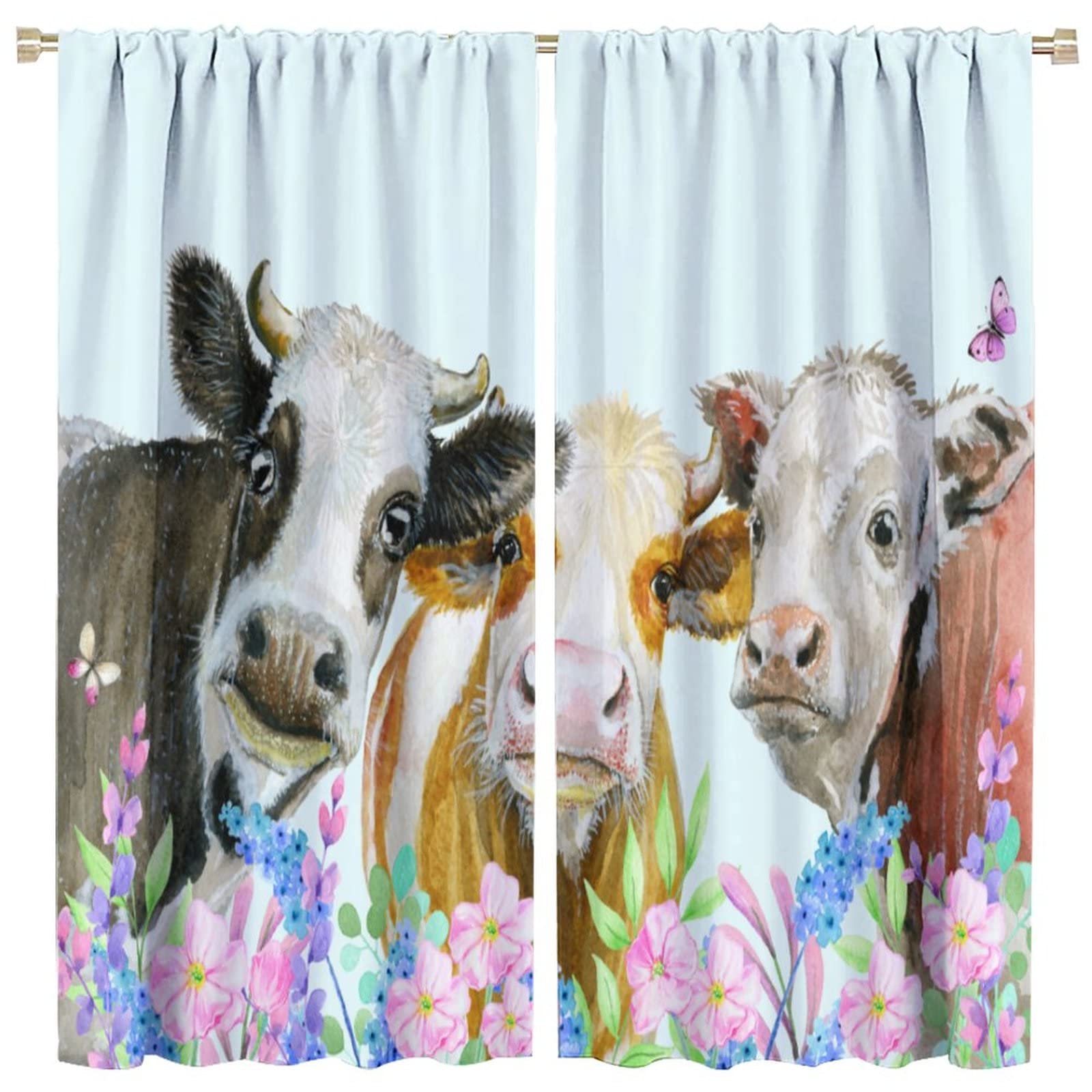 JESTRONRY Farmhouse Cow Curtains,Funny Farm Animal Cow and Flowers Print Rod Pocket Window Treatments Curtains for Living Room Bedroom Kitchen W42xL45in