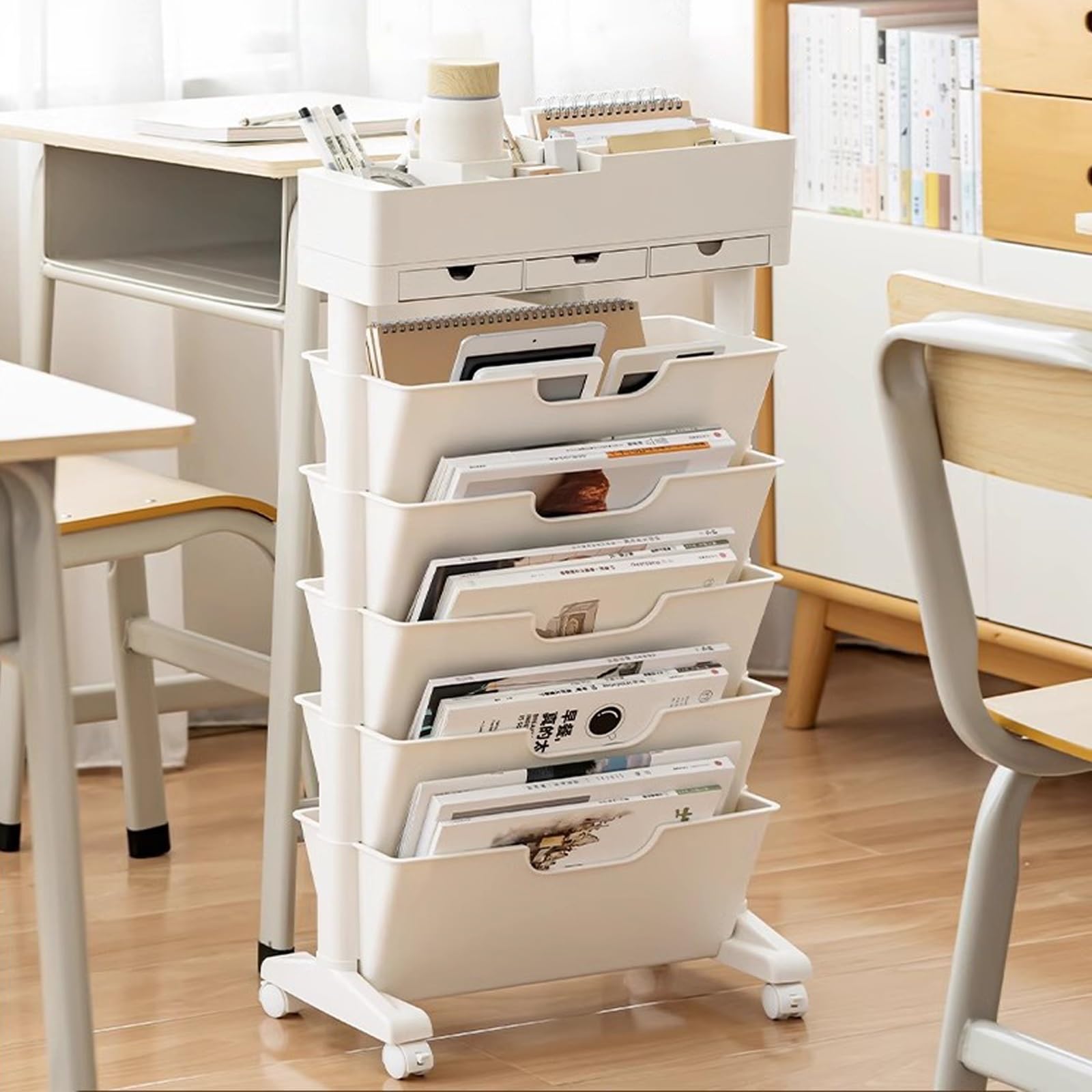 BibliothèQue Mobile,Mobile Bureau Bureau Organiseur De Fichiers Avec Roue,Chariot De Rangement Mobile Sur 5 Niveaux, Chariot De Rangement Fin For La Maison, La Cuisine, Le Bureau. (Color : Wit, Size