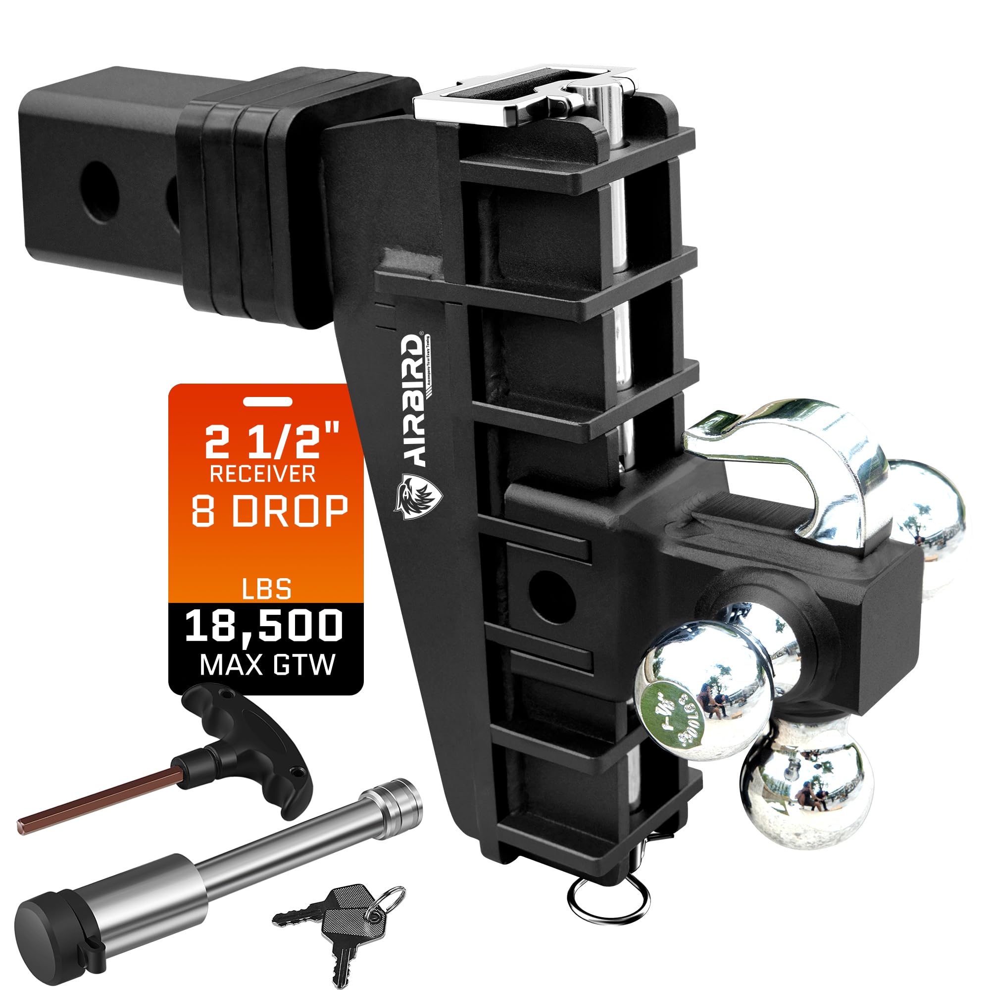 AIRBIRD Adjustable Trailer Hitch Fits 2.5-Inch Receiver, Heavy Duty Tow Hitches (18500 LBS GTW) 8 Inch Drop Truck Hitch Tri-Ball Mount with Hook (1-7/
