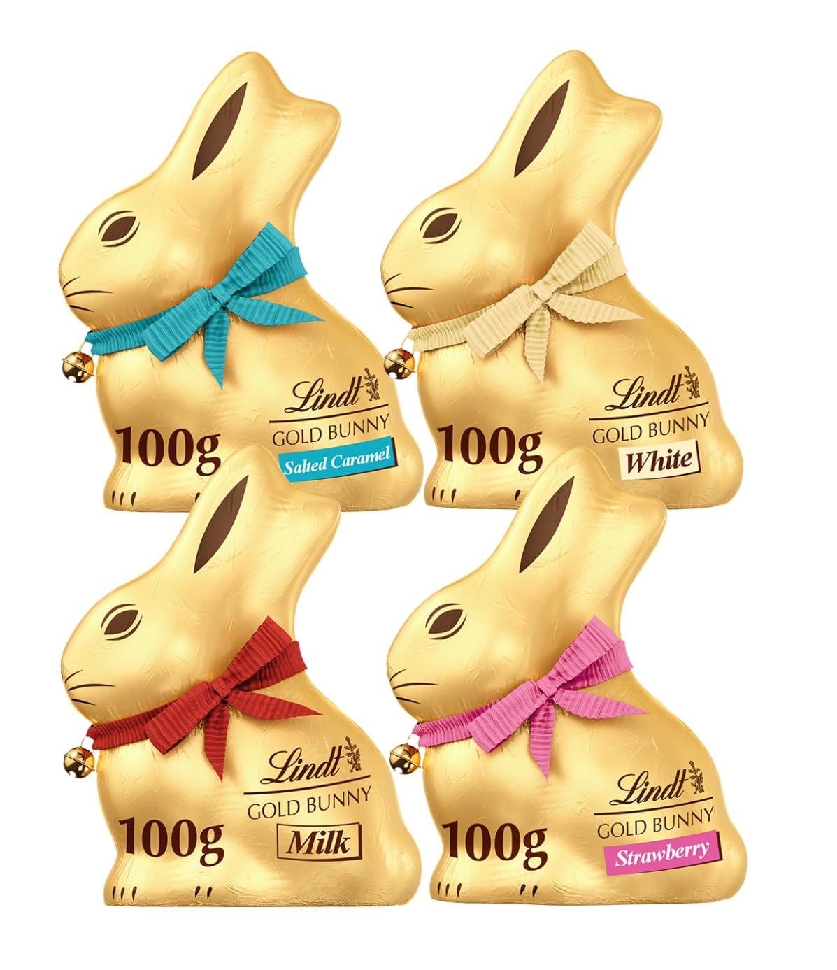 Lindt Chocolate Easter Bunny Hamper - Assortment of 4 x 100g Milk, White, Salted Caramel & Strawberry White Bunnies with Topline Wooden Decoration. Bulk Gift for Easter Gifts, Egg Hunts