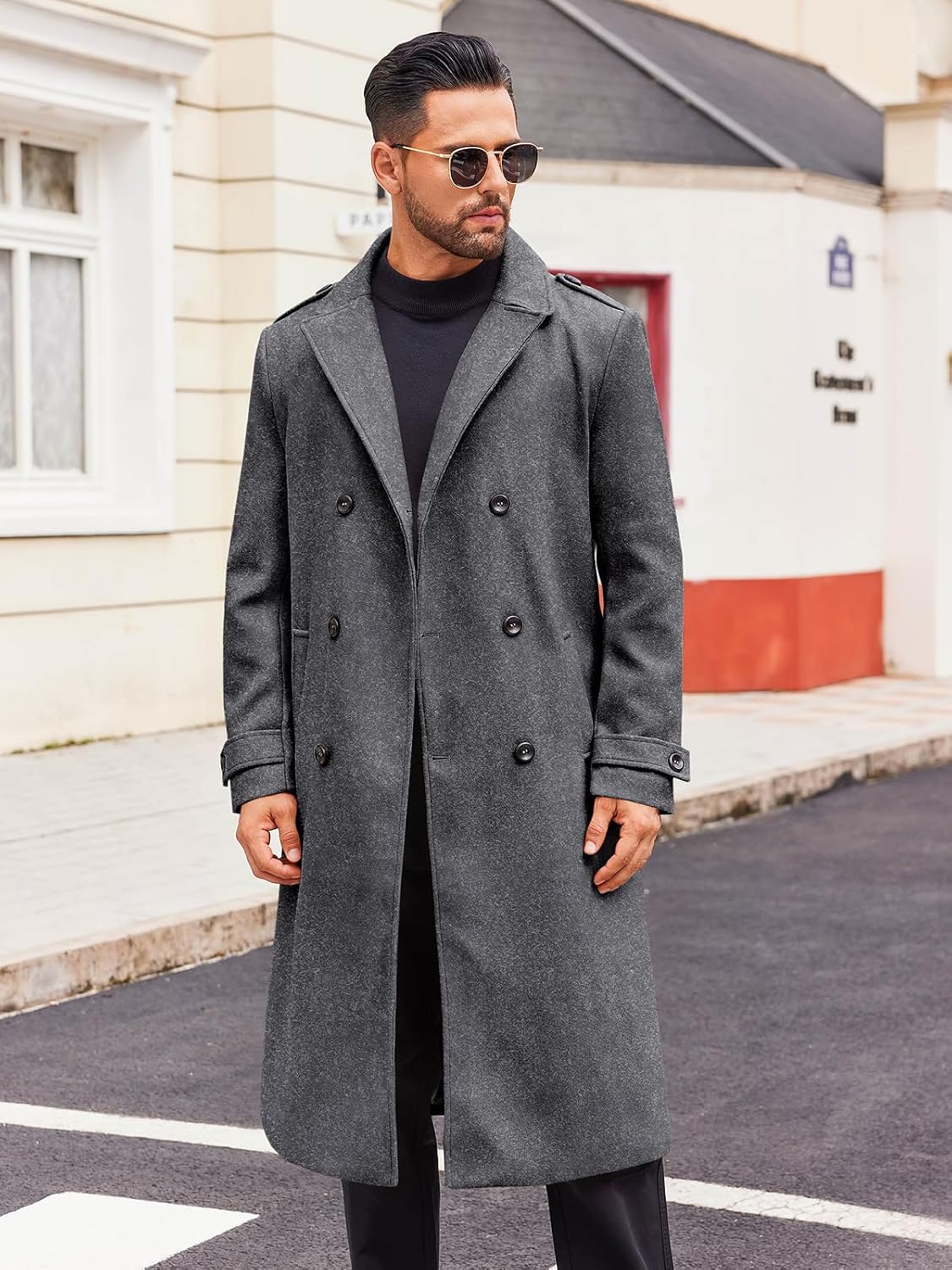 Runcati Mens Double Breasted Trench Coat Notched Lapel Long Peacoat Classic Casual Winter Overcoat - Image 3