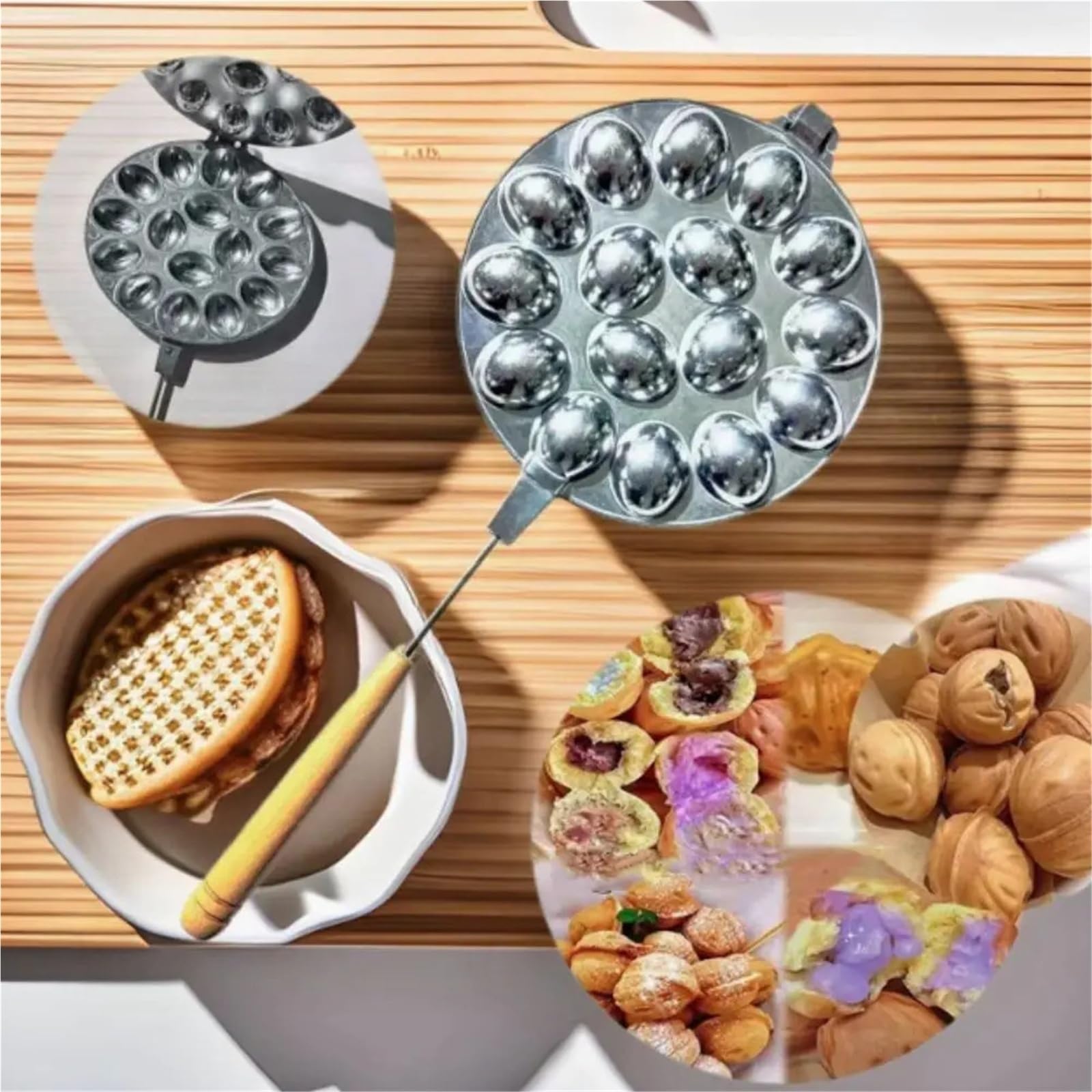 Walnuss-Keksform mit 12/16 Mulden | Antihaftbeschichteter Keksausstecher for Nusskekse aus Aluminiumlegierung mit Holzgriff(Silver-12 Holes)