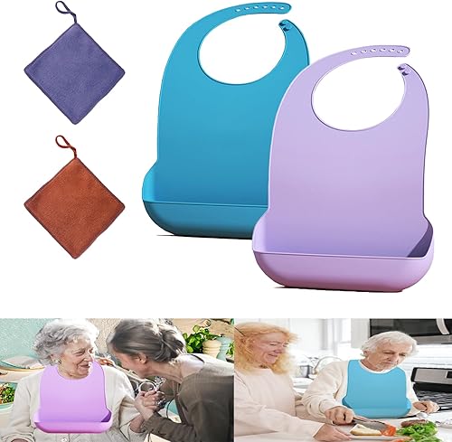 Baberos grandes de silicona para adultos con atrapador de migas, protector de ropa impermeable ajustable, baberos para mujeres y hombres mayores,