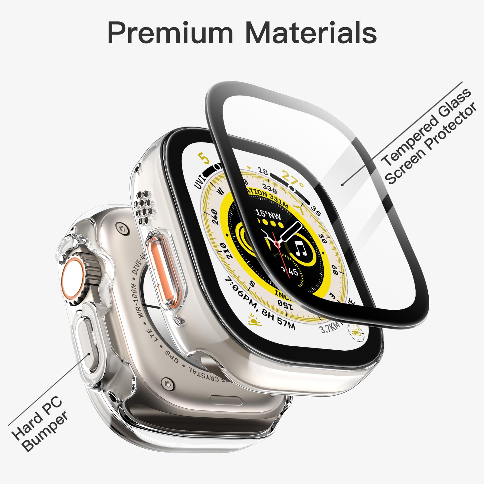 JETech Cover con Pellicola Protettiva per Apple Watch Ultra 3/2/1 49mm, Custodia Protettiva Complessiva, Pellicola Integrata in Vetro Temperato ad Alta Sensibilità, 2 Pezzi (Trasparente)
