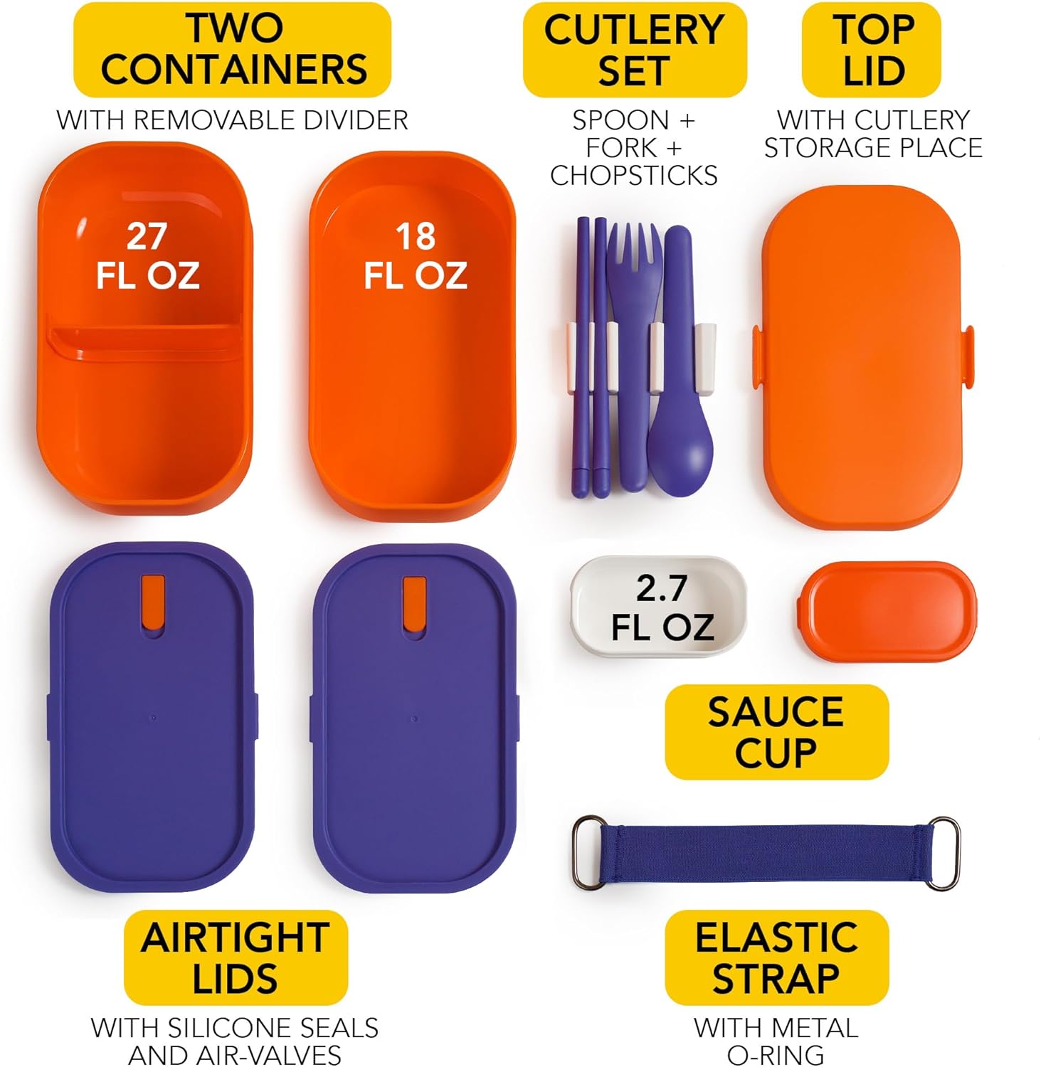 Adult Bento Box Lunch Container with Compartments for Work & Meal Prep, Set of Utensil & Chopsticks, Microwave & Dishwasher Safe, Leakproof Reusable Japanese Food Storage - Image 2