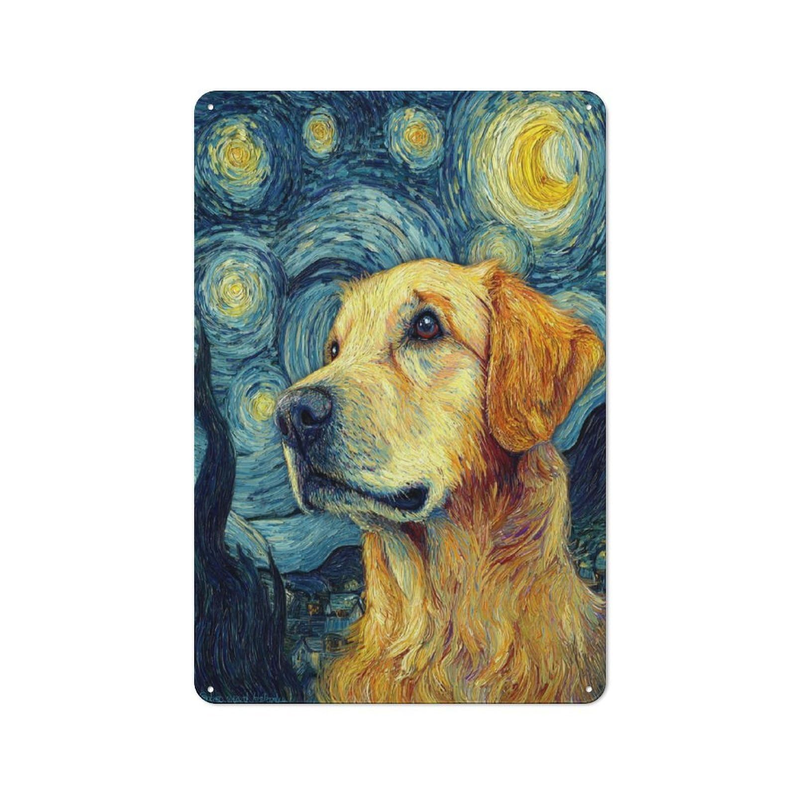 Junmoney Golden Retriever In Starry Night Retro Metal Sign 30X20cm, Garage Style Shed Wall Plaque For Garage, Hobby Room, Office Or Man Cave
