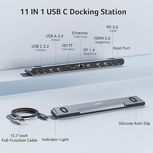 Miniatura 2 de Acer Estación de acoplamiento para 3 monitores, 11 en 1 soporte para laptop con DP 8K + HDMI dual 4K a 60Hz, Ethernet, datos de 10 Gbps, 100 W PD,