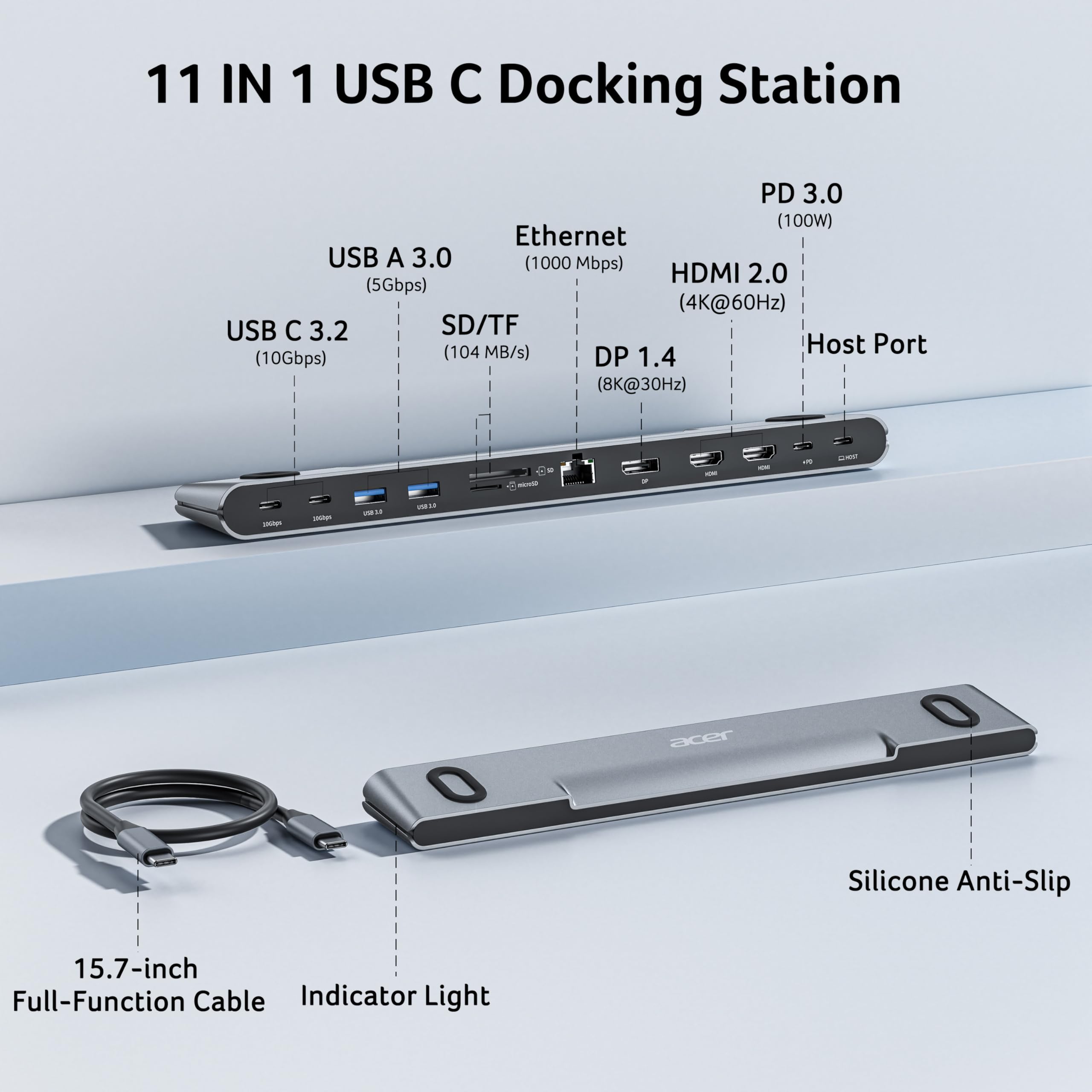 Acer Docking Station 3 Monitors, 11-in-1 Laptop Docking Station Stand with DP 8K + Dual HDMI 4K@60Hz, Ethernet, 10Gbps Data, 100W PD, SD/TF, USB C Dock with Detachable Cable for Acer/Dell/Mac/HP — view 2