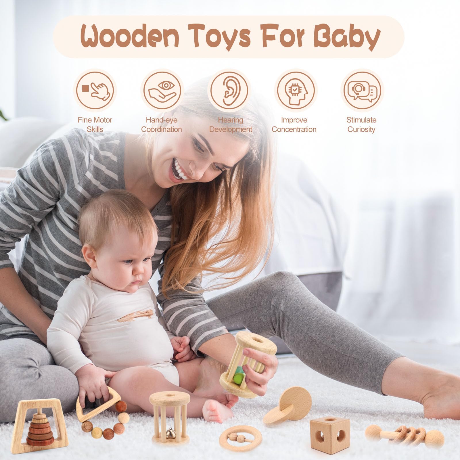Wooden Baby Toys, 8PCS Wood Montessori Toys for Babies 18-36 Months, Wooden Baby Rattles Set for Grasping, Sensory Development and Cognitive Growth, Gift for Infant Girls Boys