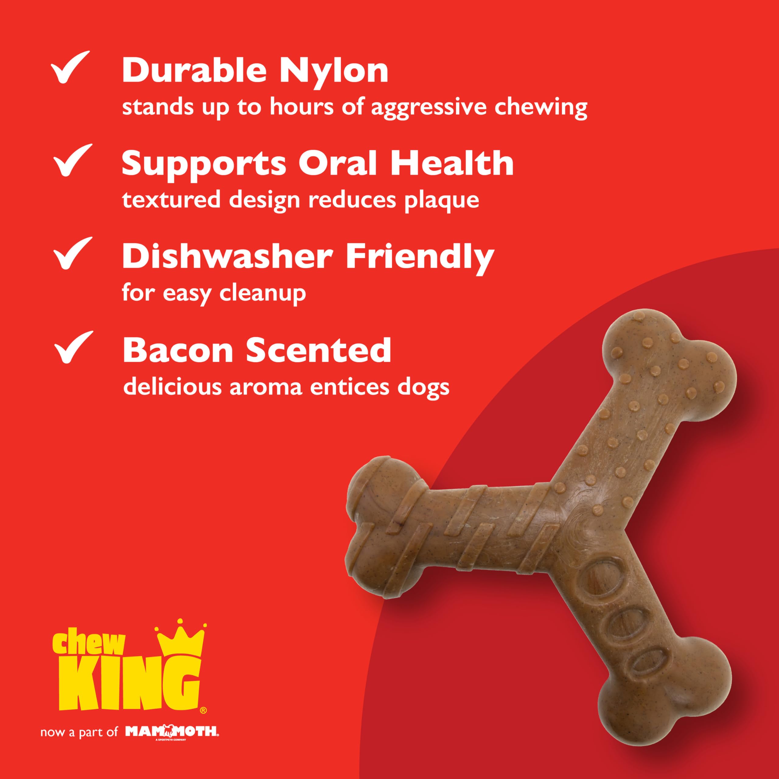 Chew King Bacon Lovin' Wishbone, Huesos de Nailon, Juguete masticable con Sabor a Tocino Texturizado