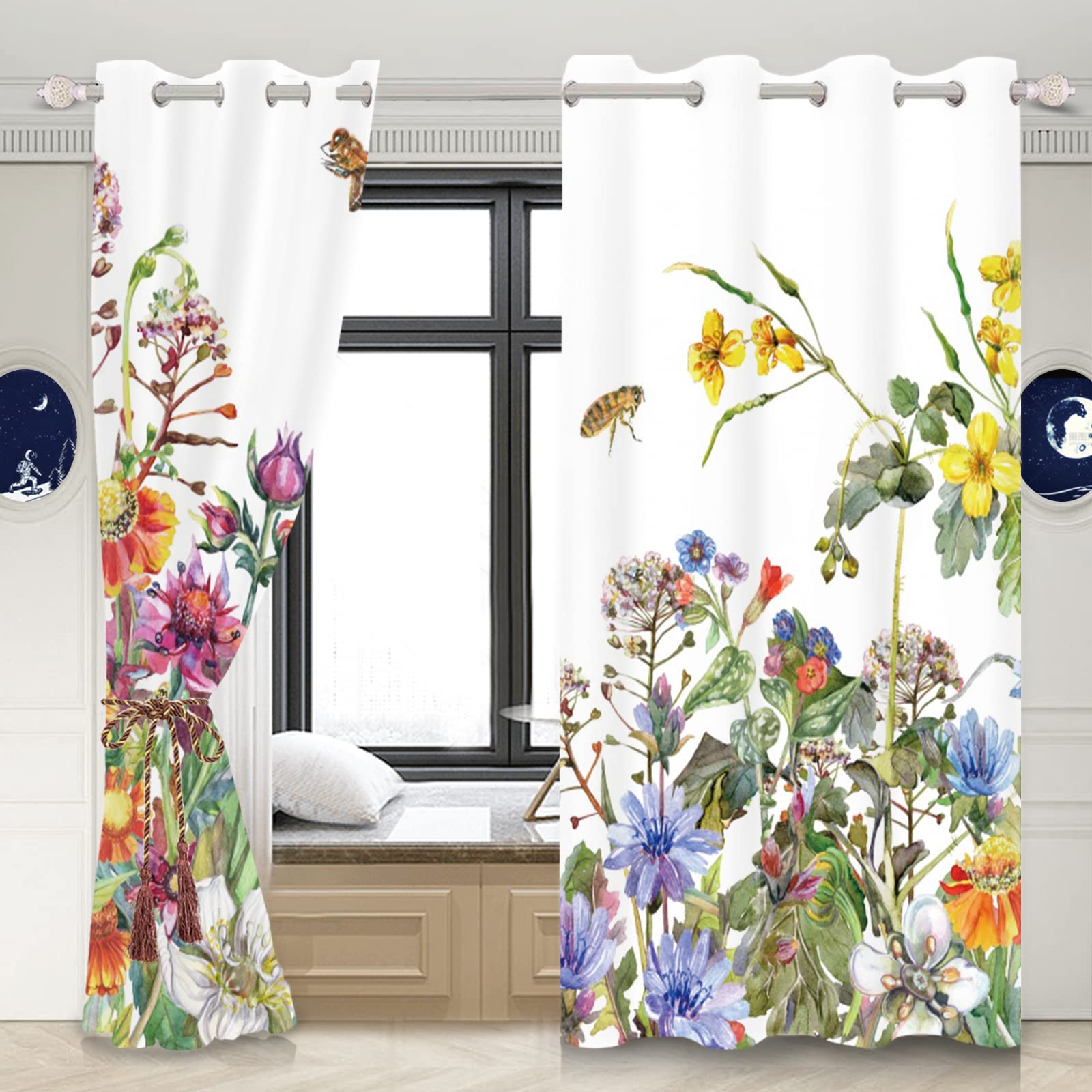 Yeele 21x45inches Rustic Flower Curtains Wildflowers Blossom Bee Filed Colorful Plant Herbs Green Leaves Window Curtains Darkening Thermal Insulated