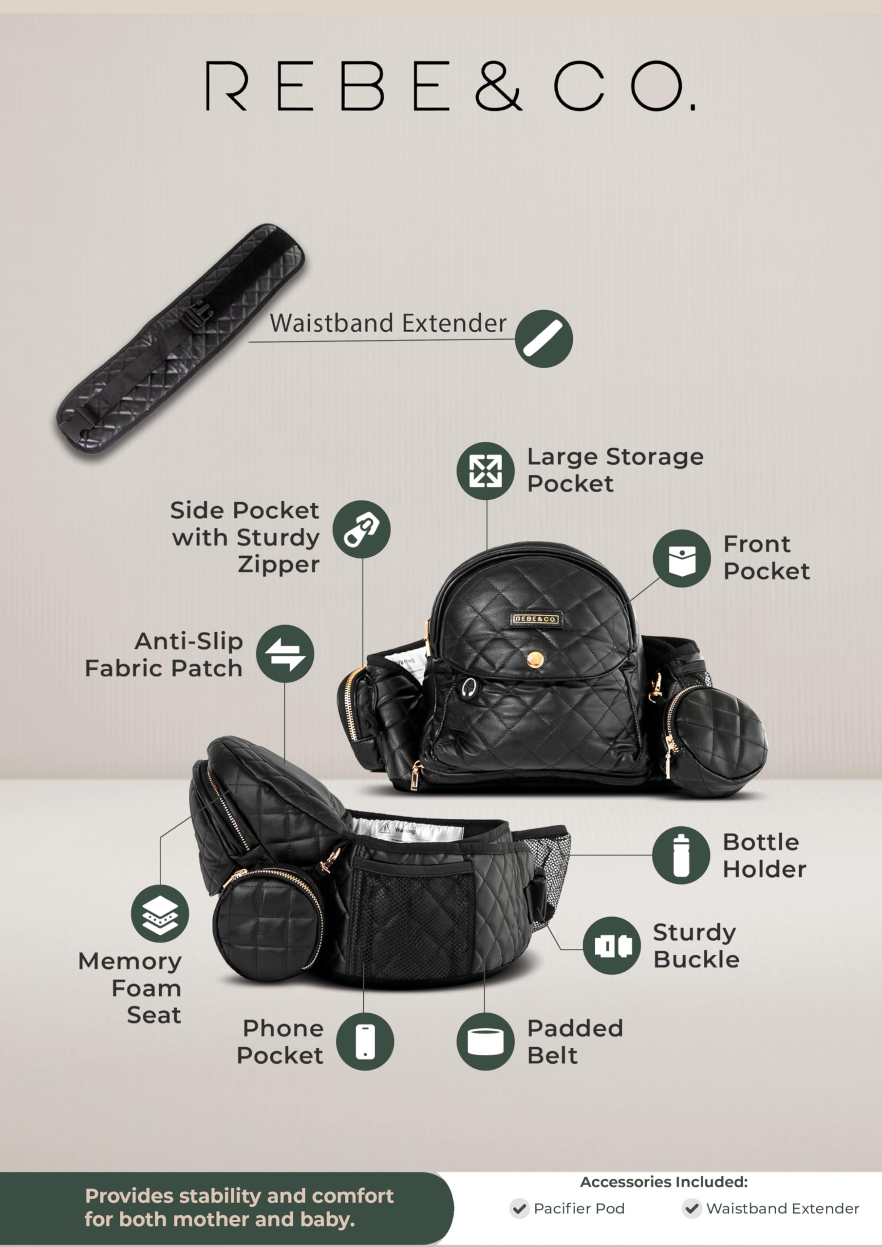 Baby Hip Carrier Seat, CPC Safety-Certified, Design Ergonomic with Multiple Accessories Includes, Adjustable Extended Waistband, for Newborns & Toddlers, New Modern Design (Black - Gold - Leather)