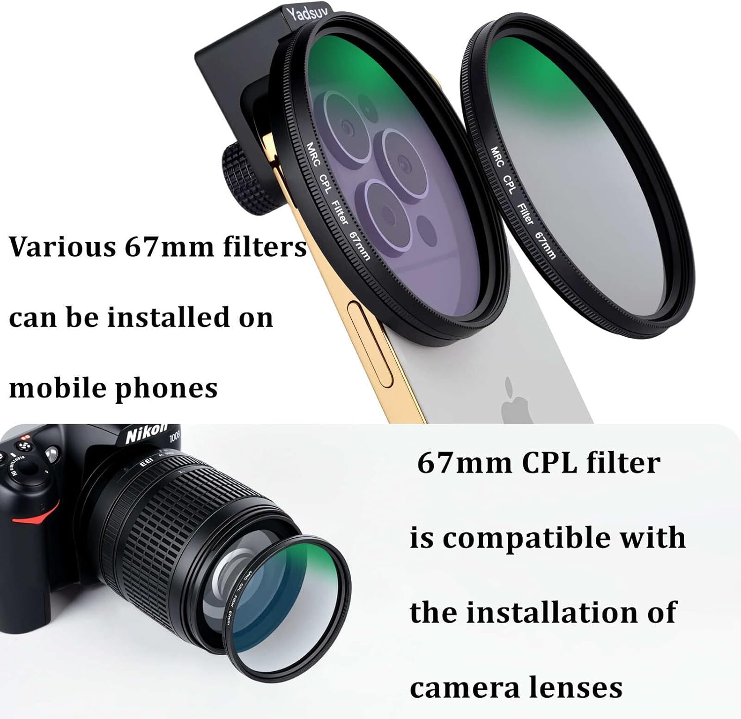 67mm CPL Polarizing Lens for Phone Camera - Universal Metal Filter Adapter with Hot Shoe Mount & Selfie Mini Light - Eliminate Glare & Boost Color Saturation for iPhone 16/15/14 Samsung Galaxy 24/23
