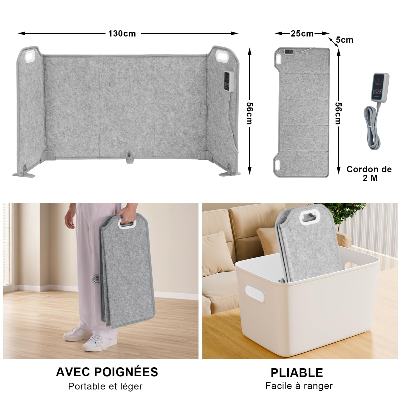 Chauffe-pieds pliable avec couverture, 5 Pliage Grande taille Chauffage sous le bureau, 8 niveaux Version haute temp Réchaud, Minuterie 1-9H, Chauffage d'appoint électrique pour bureau et maison,285 W