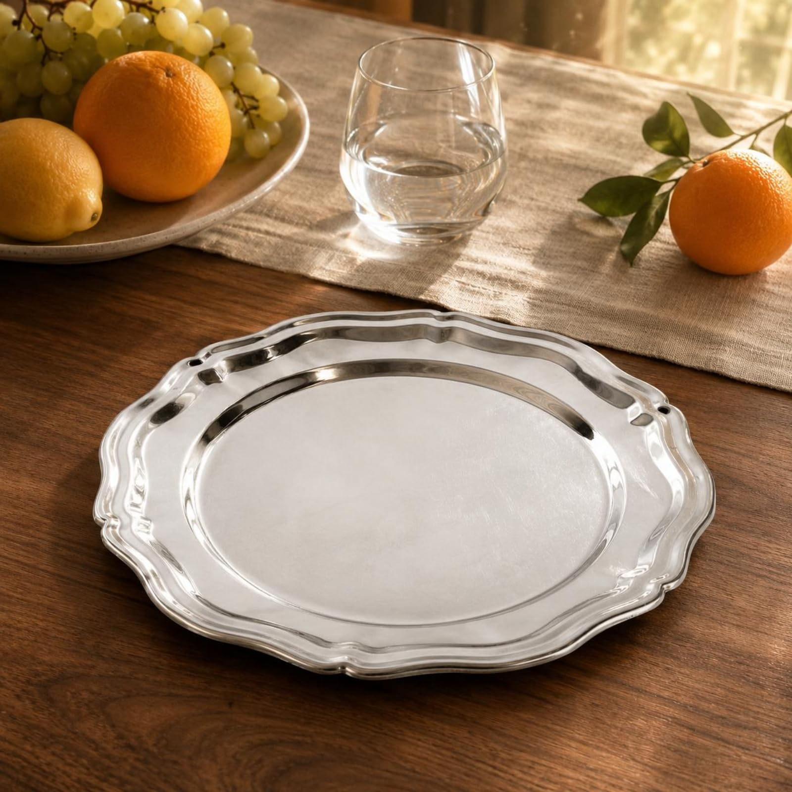 Dessert Serving Bowl Vassoio Rotondo Piatto Vassoietto Centrotavola in Acciaio Inox 304 con Lucentezza Brillante Bordo Ondulato Stabilità Migliorata, Grande Rotondo