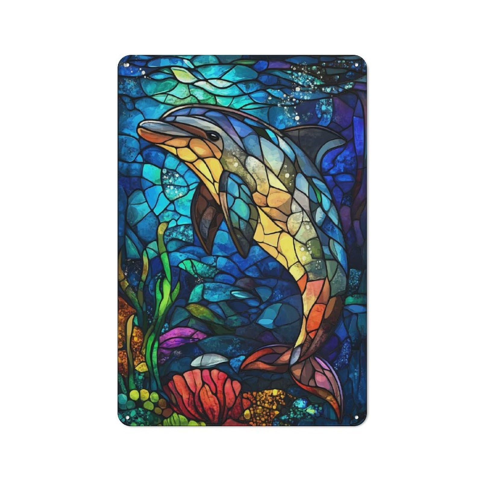 Junmoney Stained Glass Dolphin Metal Plaque 30X20cm With For Pub Or Café, Retro Decor, For Pub Decor Enthusiasts Refreshing A Room In Autumn