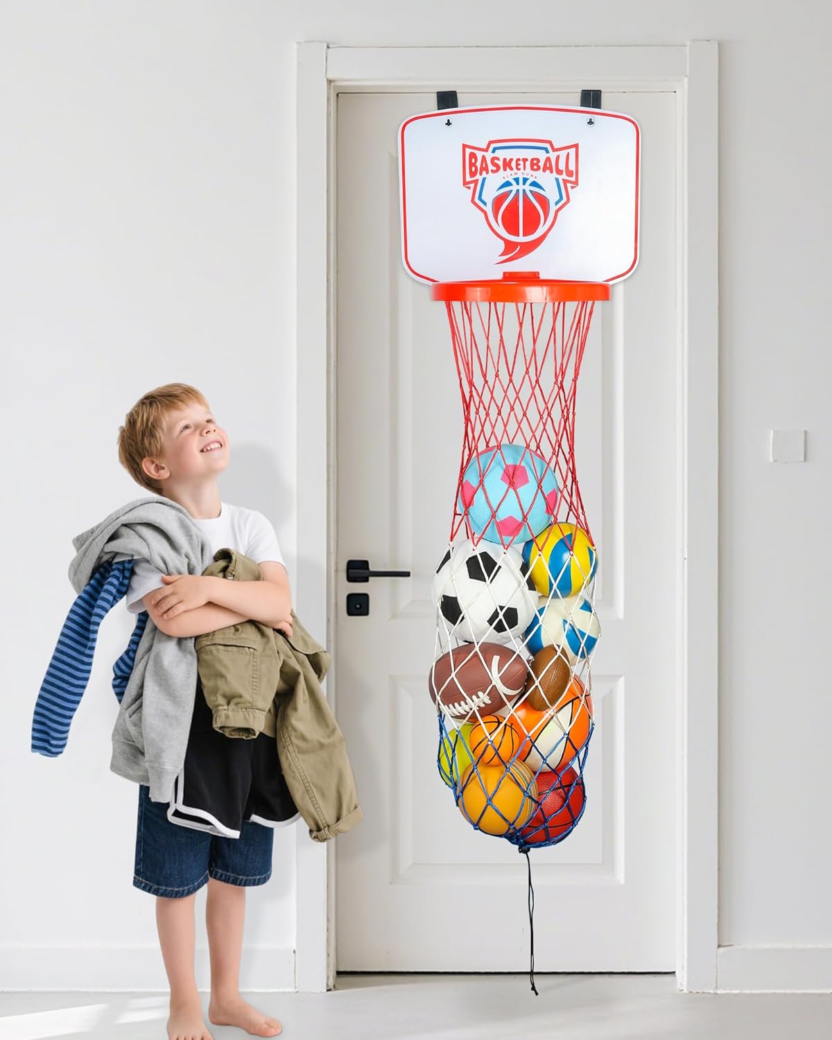 Basketball Hoop – Over the Door Basketball Laundry Hamper for 4-14 Year Old Boys, Room Decor and Fun Organizer Toy with Ball（Red）