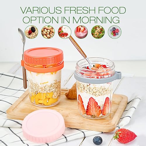 Miniatura 5 de Hoa Kinh - Recipientes de avena con tapas y cuchara, paquete de 2 tarros de vidrio de 16 onzas para avena durante la noche, cereales, leche,