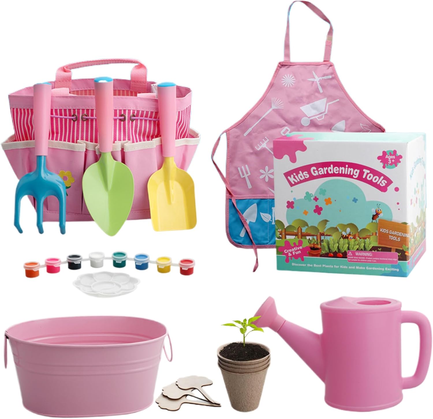 Kids Gardening Set, 11PCS Toddler Gardening Set Include Shovel, Rake, Fork, Flower Pot, Apron, Watering Can ＆ Tote Bag, Colorful for Kids.