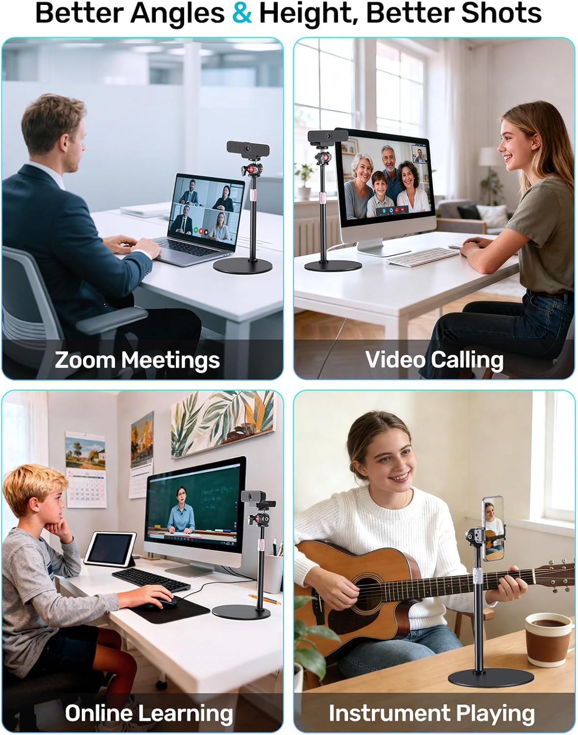 Webcam Stand for Desk, with 360 Ballhead, Heavy Base Height Adjustable Tripod for Logitech Webcam C922 C930e C920 C615 C960 C920x BRIO 4K NexiGo N60, Phone Mount, Gopro with 1/4" Thread