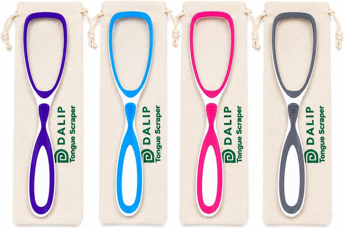 Plastic Tongue Scraper for Adults & Kids, 4 Pack BPA Free Tongue Cleaner, Easy to Use Tongue Scrubber with 4 Travel Pouches, Oral Hygiene Tool for Bad Breath, Travel Essentials, Colors May Vary