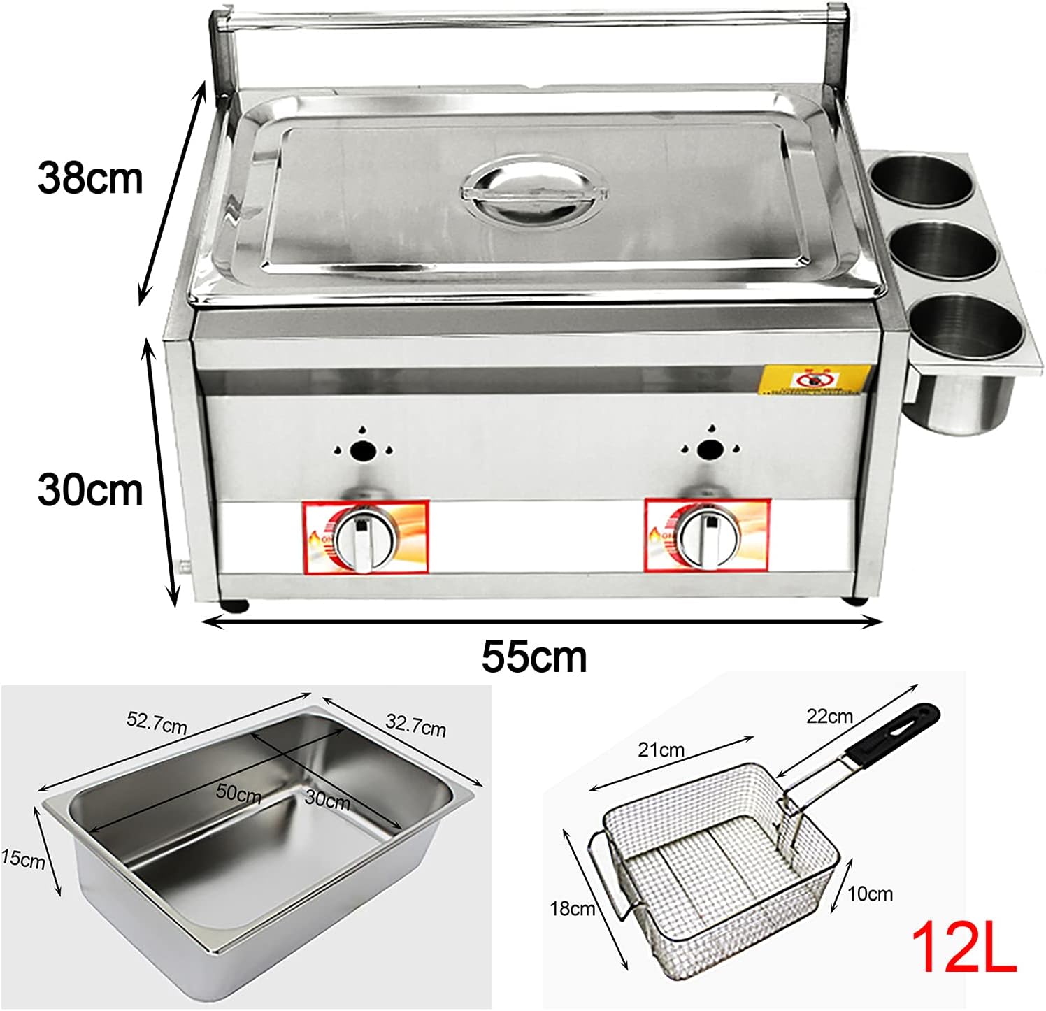 12L Large Capacity Gas Fryer, Commercial Deep Fryer, Stainless Steel Countertop, for French Fries Restaurant Home Kitchen