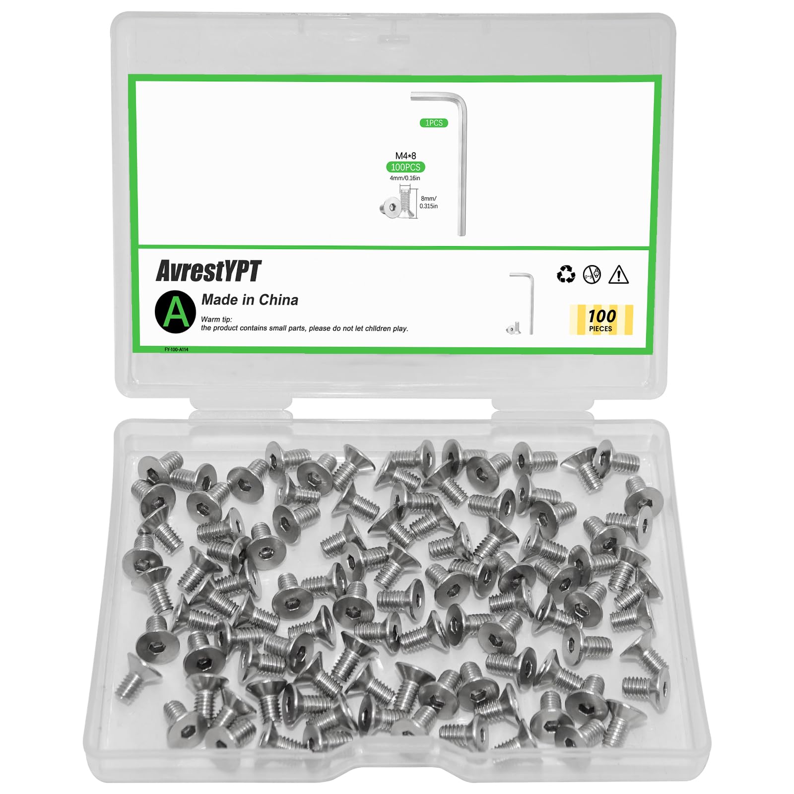Photo 1 of 100Pcs M4x8mm Stainless Steel Flat Head Socket Cap Screws, Full Thread Allen Drive Countersunk Bolts, Bright Finish, Ideal for DIY & Home Repair