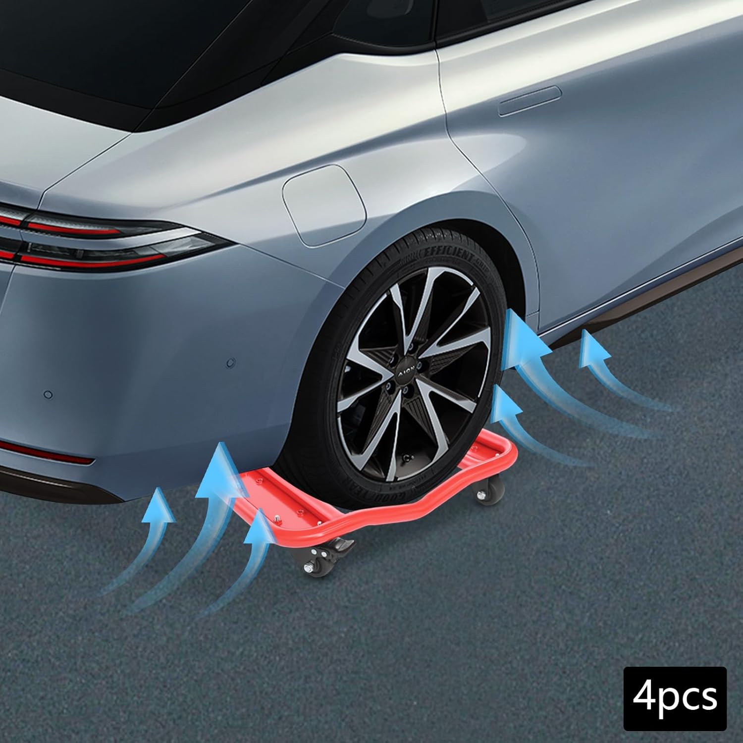 4-PCS Car Dolly, 6000LBS Load Wheel Tire Dolly Set w/Wheel Brake, Recessed Center Steel Heavy Duty Vehicle Dollies Mover W/16 Universal Wheels, Ergonomic Handles for Auto Repair (Red)