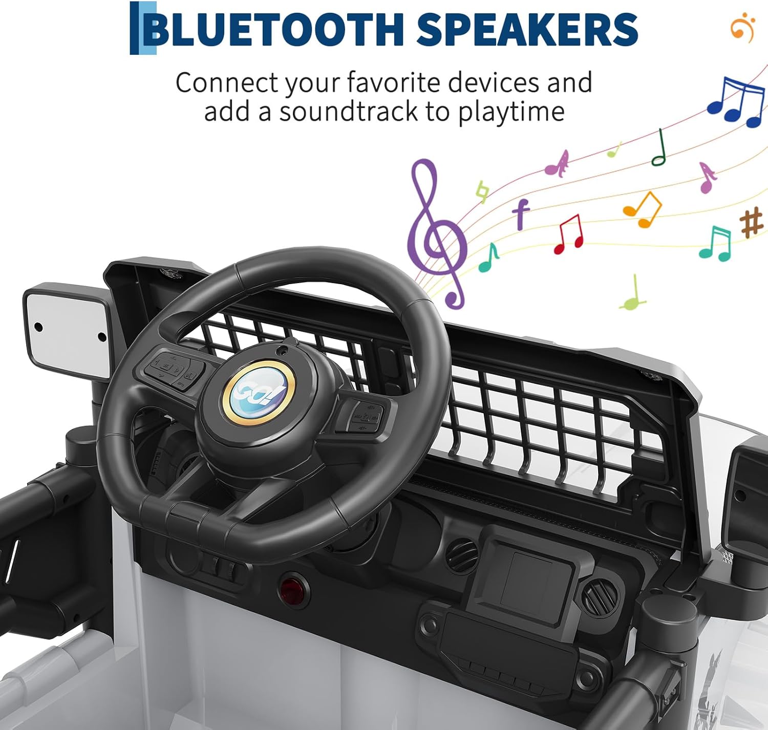 Dashboard of the Hetoy ride-on truck showing Bluetooth speaker and controls