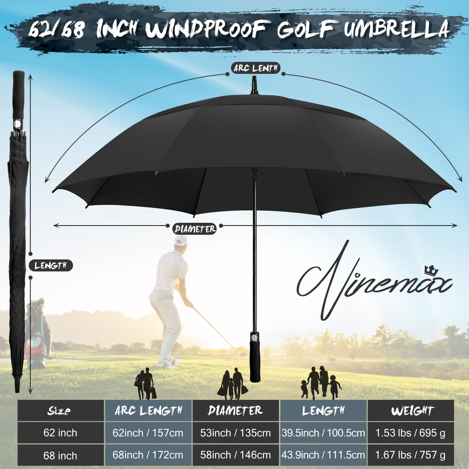 NINEMAX Parasol golfowy automatycznie otwierany 152/162 cm - podwójny baldachim parasol golfowy duży parasol wiatroszczelny z paskiem dla mężczyzn i kobiet