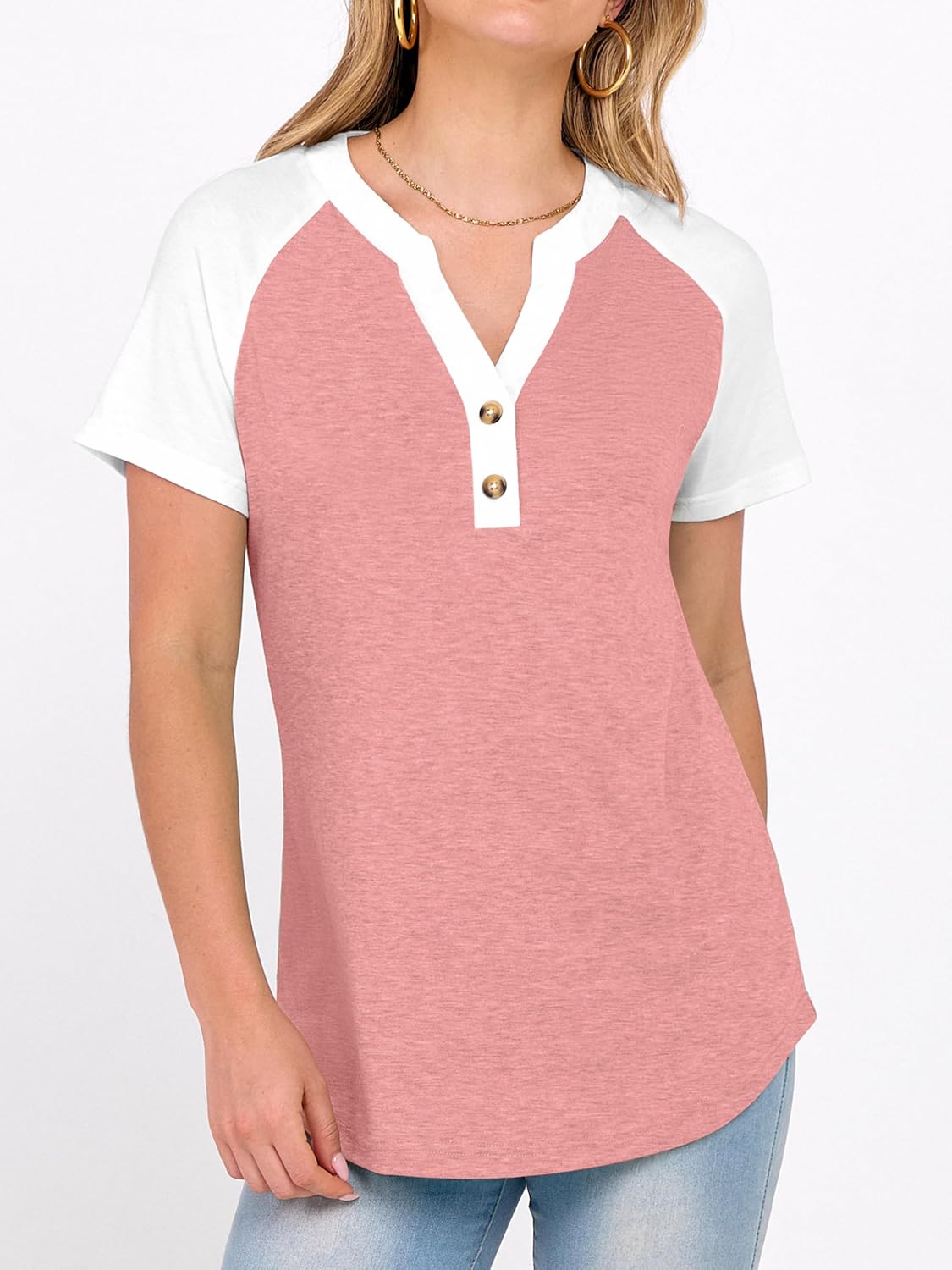 ANRABESS Womens Tops Short Sleeve Henley Shirts Summer V Neck Color Block Tunic T Shirts Casual Blouses Work Trendy Clothes - Image 4