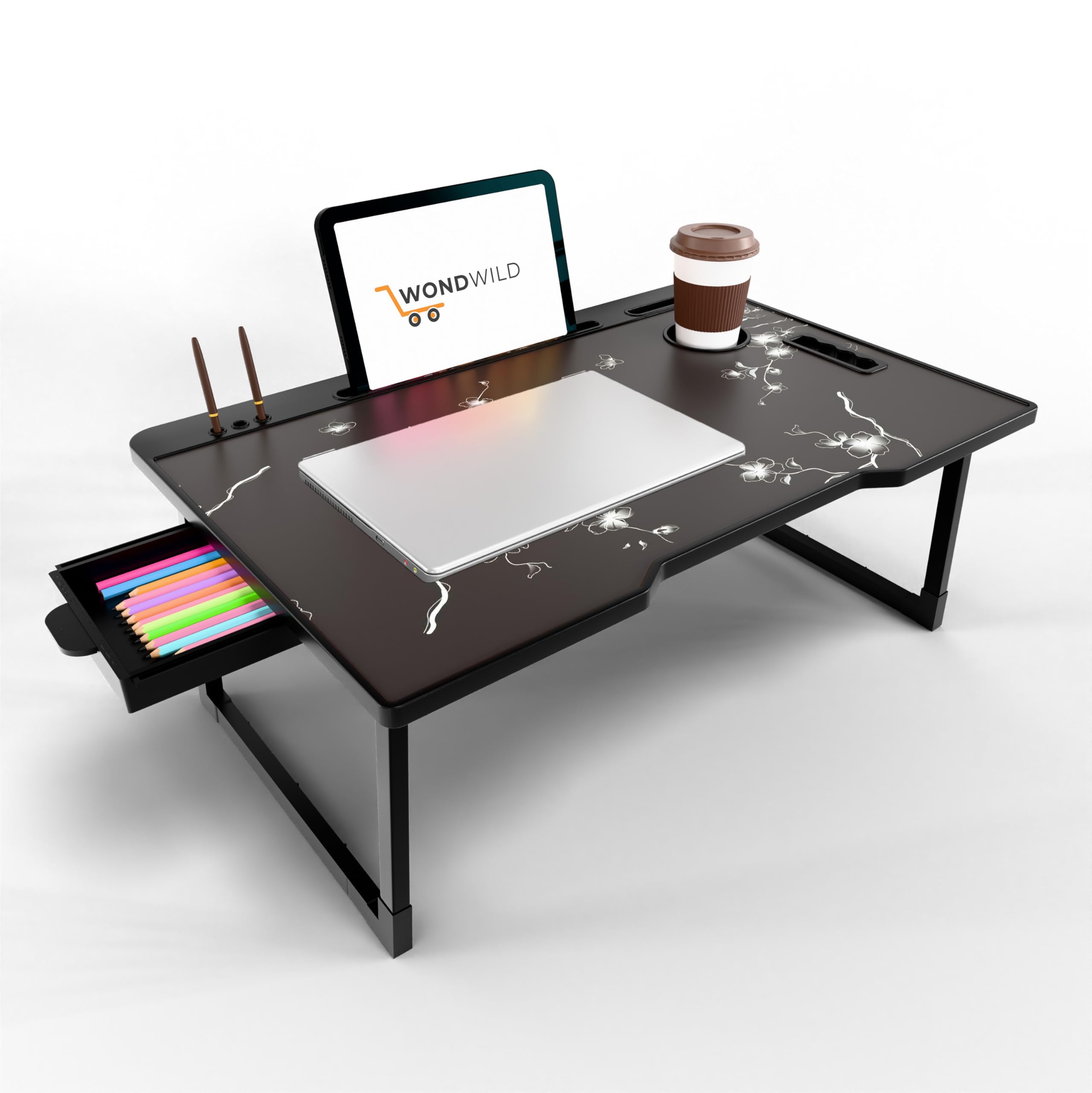 WONDWILD Smart Multipurpose Foldable Laptop Table with Cup Holder, Study Table, Bed Table, Breakfast Table, Foldable and Portable/Ergonomic & Rounded Edges/Non-Slip Legs (ABS Flower)-picture-13