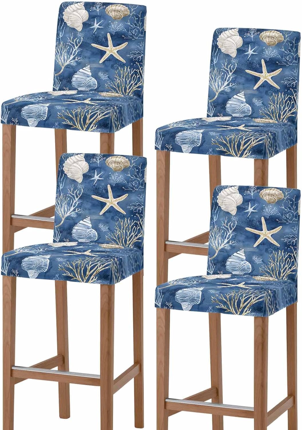 Navy Blue Coastal Bar Stool Covers Set of 4, Nautical Beach Starfish Coral Summer Stretch Washable Bar Chair Covers with Backs, Removable Pub Counter Height Chair Cover for Kitchen Dining Room Cafe