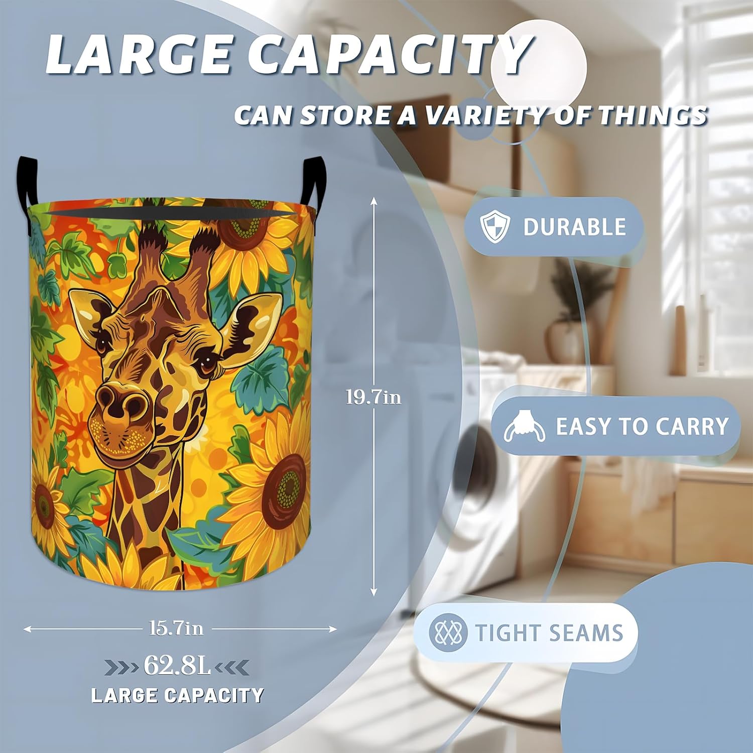 Cute Giraffe Surrounded by Sunflowers Laundry Basket with Handles, 19.7"x15.7" Clothes Foldable Floral Animal Laundry Hamper Organizer for Dorm Nursery Bedroom Bathroom Decor, Toy Storage Bin for Kids