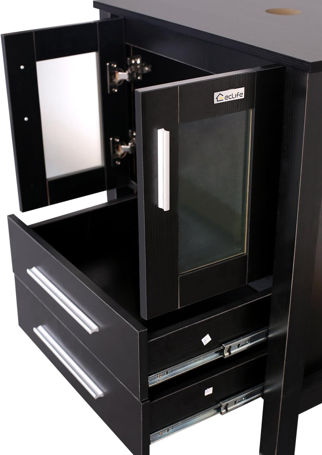 Suреr Sаlе 🛒 Eclife Modern 24 Bathroom Vanity Pedestal Cabinet Set Pedestal Stand Wood (Black) with Bathroom Vanity Mirror Soft Closing Cabinet Doors Set B02