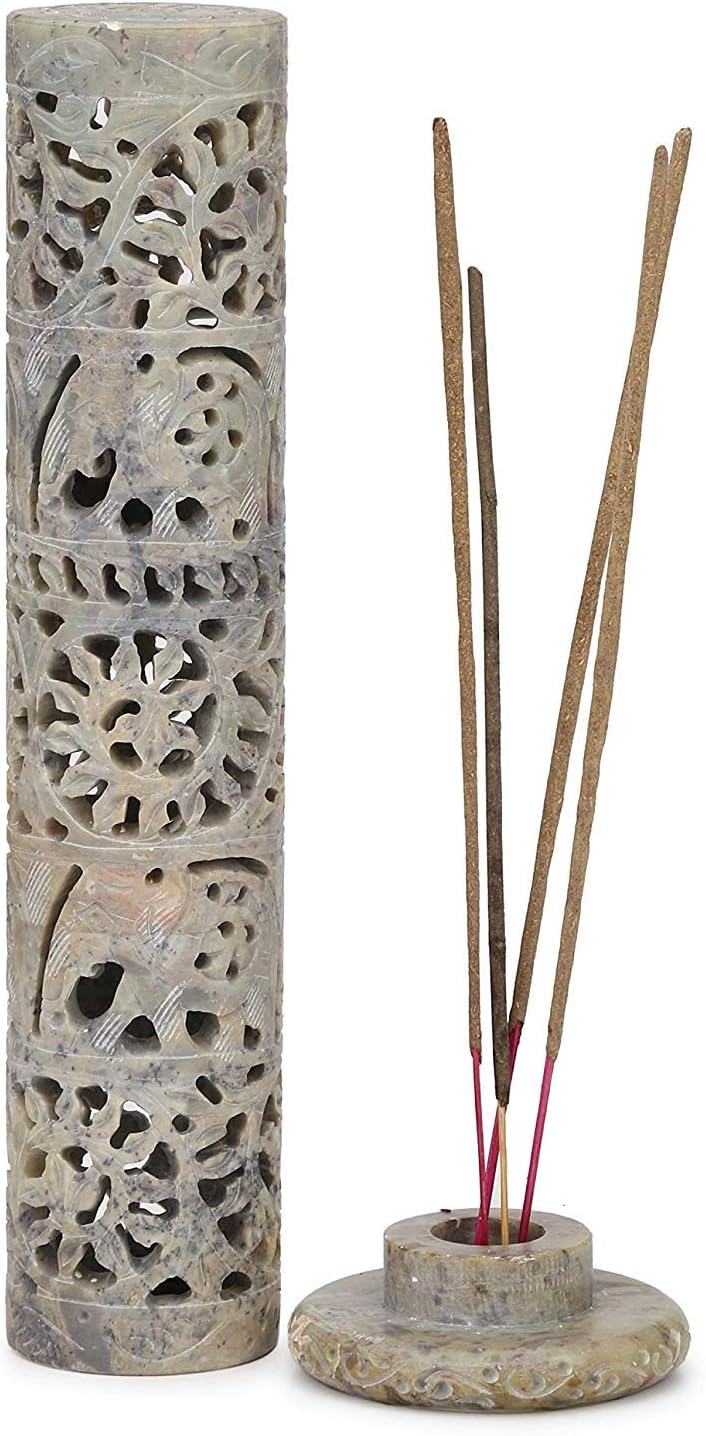 Carry Me Marble Soapstone Incense Stick Holder | Candle Burner | Tea Light Holder - Perfect Handmade Elephant Carving for Gifting. Decorative Home and Office Decor.(3 x 3 x 10.5 Inches)