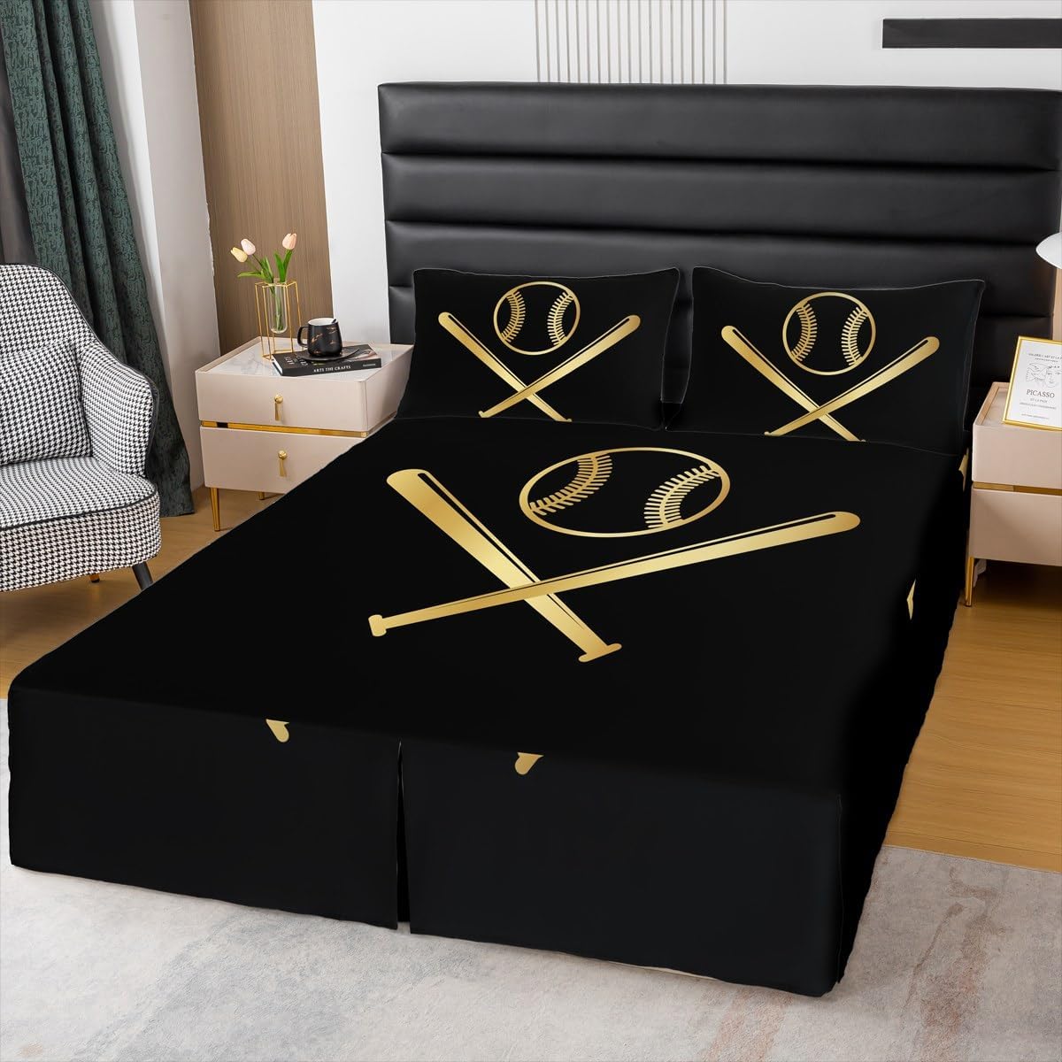 Baseball Bedskirt Queen Size Kids Boys Baseball Bedding Set 3Pcs Teens Sports Theme Bed Skirt All Season Black Gold Fashion Split Corner Bed Wrap Microfiber Modern Bedroom Decor,2 Pillowcases