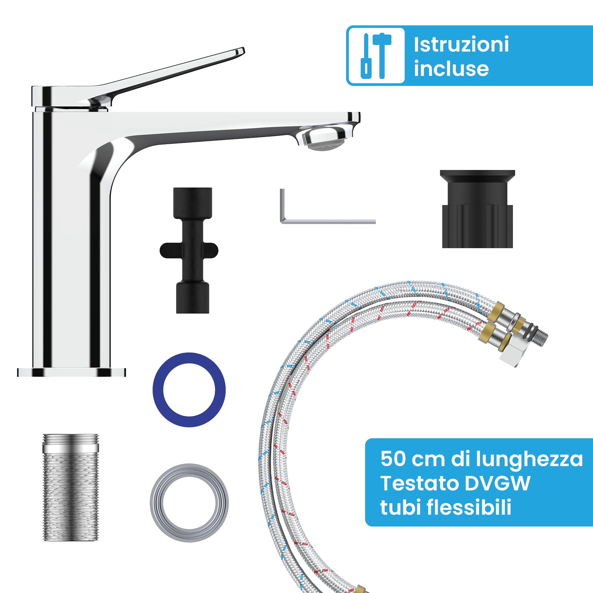 Bächlein Rubinetto da bagno Aldeya dal design moderno, miscelatore monocomando con cartuccia in ceramica durevole e kit di montaggio, rubinetto da bagno cromato